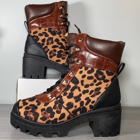 Dolls Kill Shoes - Dolls Kill Leopard/Cheetah Print Faux Suede, Leather, Chunky Heel Combat Boot